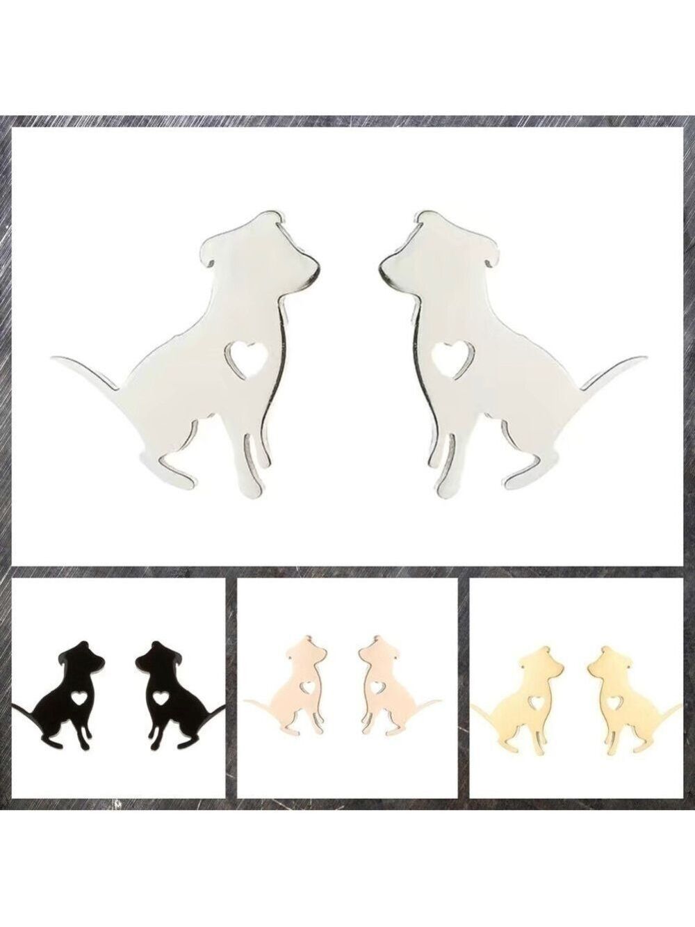 Dog Pitbull and Heart Stainless Steel Stud Earrings #812 (Color: Silver)